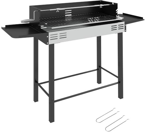 Outsunny BBQ Rotisserie Grill with 3-Level Grill Grate Black | Barbecue Roaster Charcoal Spit Roasting Machine for Chicken Turkey, Foldable Side Shelves, Stainless Steel