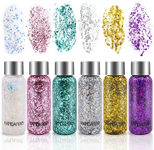 AOKITO Festival Gesicht Glitzer & Körperglitzer – 6 Flaschen Body Glitter Gel mit Löffeln, Chunky Glitter für Karneval, Festival, Masquerade und Party Make-up