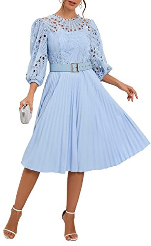 IWFEV Lace Pleated Midi Dress With Puff Sleeve - Mid-Calf Length, Hollow Design for Party and Evening Wear - XL, Light Blue