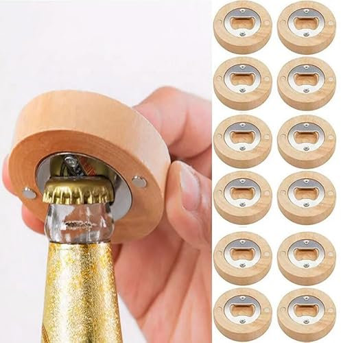 DISOK - Lote 10 a 50 Abrebotellas Imantado Bambú Natural. Detalles bodas ecológicos hombre, Abrebotellas de madera redondos, utensilios bares. (10)