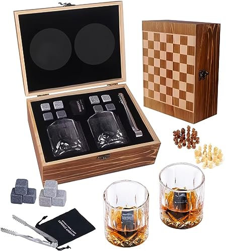 ZBPASL Whisky Geschenkset für Männer,8 Whisky Steine mit 2 Whiskey Gläser,Whiskeyglas, Eiszange mit Holzbox(Style 01)