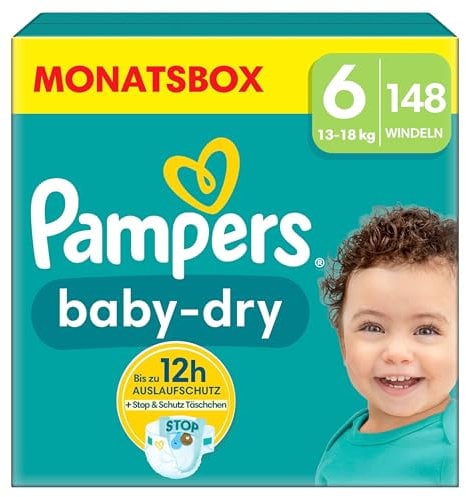 Pampers Baby-Dry Größe 6, 148 Windeln, 13kg-18kg, Bis zu 100% Auslaufschutz & Komfort die ganze Nacht