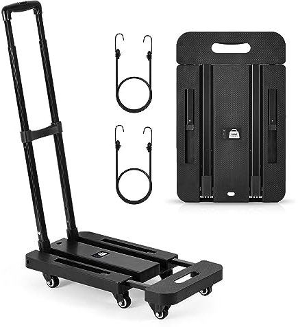 Marketero Folding Hand Truck Heavy Duty 200KG Capacity Moving Dolly Trolley on Wheels with 2 Elastic Ropes Platform Flatbed Trolley for Home Office Camping Travel Garden Moving - Black