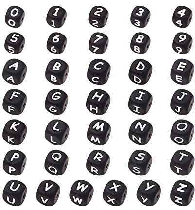 FASHEWELRY 46 perline cubiche in silicone con lettere dell'alfabeto, 26 lettere e numeri 0-9, per fai da te, nome, bracciali, collane, gioielli, colore: nero