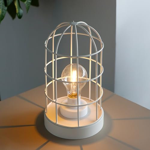 NEWIMAGE Battery Operated Lamp 25 cm H Decorative Table Light Metal Cage Cordless Lantern with LED Bulb for Home Decor Living Room Bedroom Kitchen Wedding Patio (White)