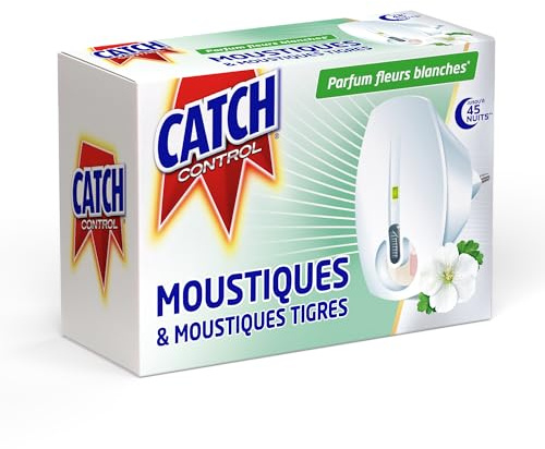 CATCH CONTROL Diffuseur Electrique Reglable Anti Moustiques et Moustiques Tigres, Parfum Fleurs Blanches, Repulsif Efficace Meme Fenetres Ouvertes, Longue Duree, Protection 45 Nuits