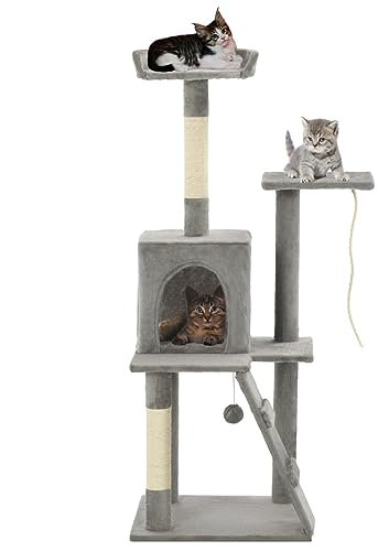 ZEYUAN Cat Tree with Sisal Scratching Posts 120 cm Grey,Cat Tree Tower Scratching Posts Multilevel Cat Climbing House with Condos & Ladder Cat Activity Centre for Indoor Cats