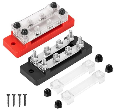 GUNGY Sammelschiene 12V-48V DC Sammelschienen Verteilerblock Busbar 150A Stromverteilungsblock 2-Wege mit 8 x M6 Anschlussbolzen für Auto RV Boot Rot Schwarz 2 Stück