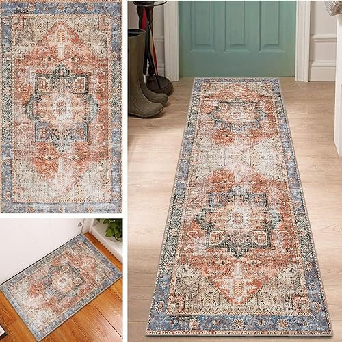 Boho Teppich Läufer Waschbar rutschfest 40x60cm Klassisch Vintage Muster Rot Bunter Lang Läufer Flur, Polyester Dauerhaft Flur Teppich Meterware Fur Korridor Wohnzimmer Schlafzimmer Anpassbar