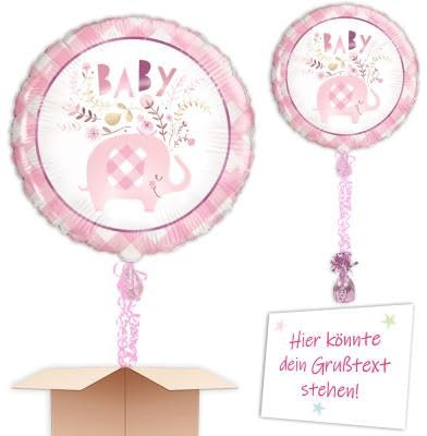 Ballon mit Helium gefüllt zur Geburt Baby MädchenRosa Baby-Elefant mit Schmuckbändern und Ballongewicht zum verschenken oder versenden an eine andere Lieferadresse - Mit Karte
