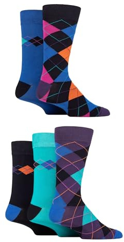 SockShop Men's Patterned Bamboo Socks - Bright Colourful Natural Various Designs for Everyday Wear Size 7-11 Multipack of 5 (7-11, Argyle Peacock)