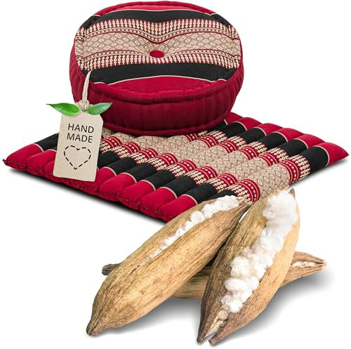 livasia Meditationsset L - Ø 38x15cm / Matte 50x50x4,5cm - Yogaset mit Kissen und Matte, Pouf, Yogamatte und Yogakissen mit Kapok handgefertigt, Bodenkissen Outdoor, Zafukissen (Rot/Schwarz)