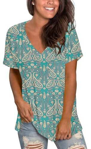 MOLERANI Womens Tshirts Short Sleeve V Neck T Shirts Summer Casual Blouses Boho Floral Green 2XL UK20-22