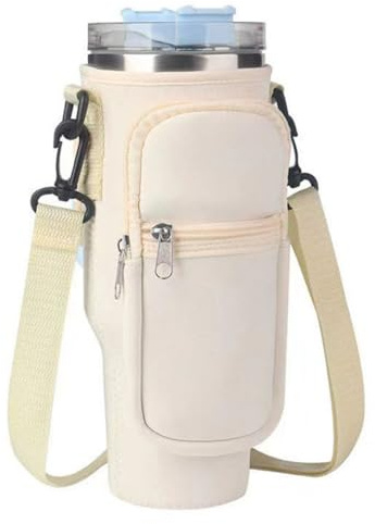 ZDooney Water Bottle Carrier Bag with Phone Pocket for Stanley 40/30 oz Tumbler Neoprene Water Bottle Holder Pouch with Adjustable Strap Bollus (Off White)