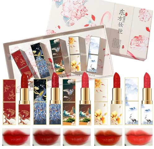Gireatick Lot de 5 rouges à lèvres sculptés de style chinois, ensemble de rouge à lèvres en velours, rouge mat zone orange longue durée hydratant rouge à lèvres cadeau de maquillage