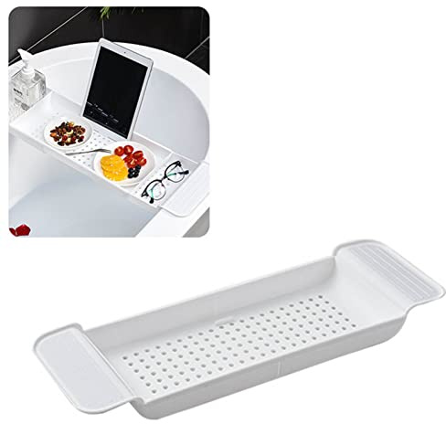 Cyrank Erweiterbares Badewannen-Caddy-Tablett, Badewannen-Brücken-Tablett, Abfluss-Baderegal, Caddy-Tablett, Kunststoff-Badewannen-Tablett, Buch-Telefon-Pad-Halter(Weiß)