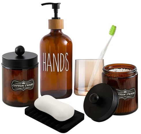 GmeDhc Juego de dispensador de jabón para baño, dispensador de jabón, vaso para cepillos de dientes, juego con 1 dispensador de jabón, 2 vasos de algodón, 1 jabonera de silicona con boquilla de