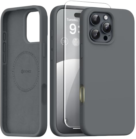 GONEZ für iPhone 16 Pro Hülle Silikon 6,3 Zoll & Displayschutz, [MagSafe-kompatibel] dünne Handyhülle aus Flüssigsilikon, Kratzfeste und stoßfeste, Mikrofaserfutter Schutz Case, Tiefgrau