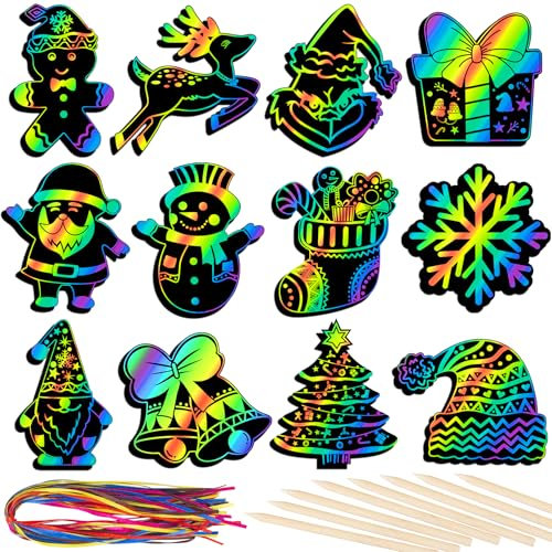 RICEDUO 36 Stück Weihnachten Kratzbilder Set für Kinder, Regenbogen Weihnachten Kratzpapier Bastelset mit hölzernen Stöcken, Weihnachtsschmuck für Kinder Party Bevorzugung Supplies