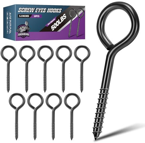 5.2 inch Eye Bolts - 10 Pcs Eyes Hooks Screw Heavy Duty 500 lbs Breaking Strength Black Rust-Resistant, Self Tapping Eyelet Screw for Wood Securing, Hammock Stand, Indoor & Outdoor Use