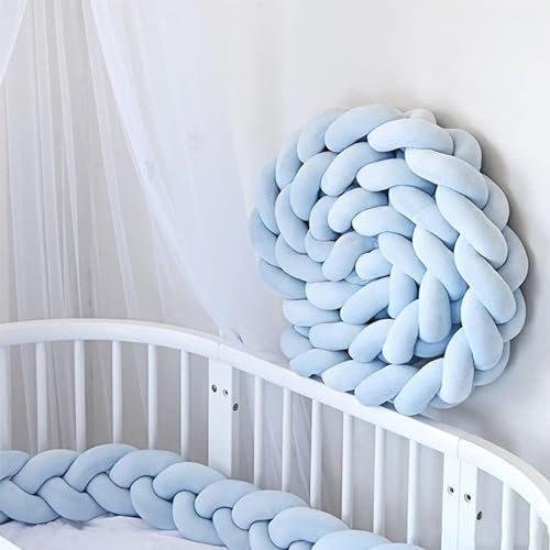 LHKXKKXX Bettschlange Baby Geflochten, Knotenkissen Babybett, Kantenschutz Bettumrandung, Seitenschläferkissen, Bettkantenschutz Baby Nestchen, Baumwolle Schlafkissen,Blau,3m