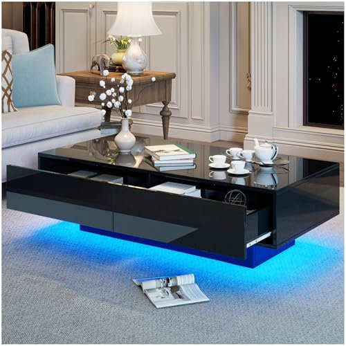 Sapgaks Table Basse Moderne Haute Brillance en Blanc,Table Basse relevable 115 x 55 x 34 cm, avec 2 tiroirs et éclairage LED,Noir