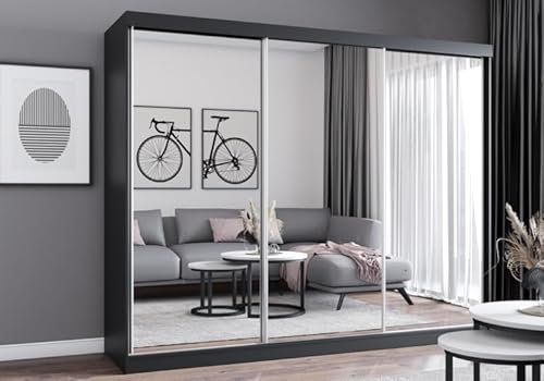 Easy4You MN Schwarz Schiebetürenschrank Kleiderschrank 250x215x62 cm mit Spiegel - Schlafzimmermöbel, Aufbewahrung – Mehrzweckschrank mit 3 Kleiderstangen und 3 Schubladen