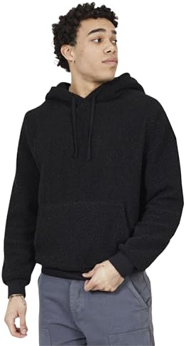 BRAVE SOUL Mens Fleece Hoodie Plain Pullover Sweatshirt with Kangaroo Pocket Sherpa Hoodie for Men UK, Black Colour, Size- S