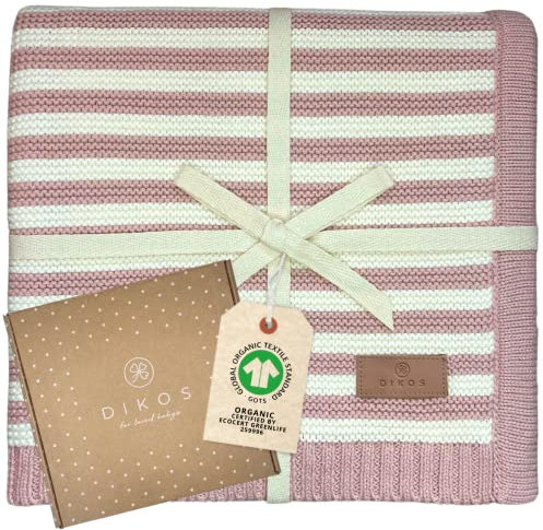 DIKOS® Babydecke mit Streifen Altrosa/Creme | Neugeborenen Decke aus weicher gestrickter Bio-Baumwolle (GOTS, Oko-TEX 100) für Mädchen/Jungen | Perfekt als Baby Erstausstattung & Geschenk zur Geburt