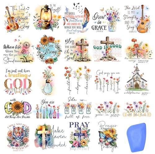 ZMRU 24 Blatt christliche Vintage-Transfers zum Basteln, Bibelvers-Aufkleber für Holz, Möbelaufkleber, Glas-Kerzenhalter, Porzellan, LED-Kerzen, Beileidsgeschenke, Stoffprojekte, 7,6 x 7,6 cm