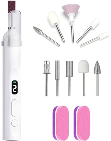 Fresa de uñas eléctrica inalámbrica, lima de uñas eléctrica 2 en 1, fresa para uñas de gel, juego de manicura eléctrico, adecuado para recortar la forma de uñas, con 5 cabezales de lijado y 2 esponjas