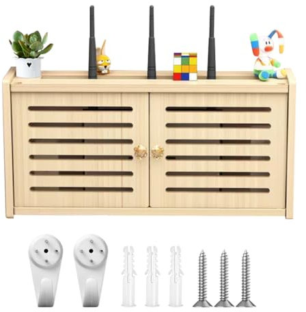 LUPATDY Armoire en Bois Massif pour Routeur WiFi - Montage Mural - Cache-Routeur - Boîte de Rangement pour TV - Étagère Décorative (Double Porte)