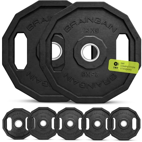 BRAINGAIN Olympic Bumper Plates PAIR 5kg 10kg 15kg 20kg 25kg 100kg 150kg 2 Solid Rubber Weight Plates for Barbell Strength Training and Weight Lifting