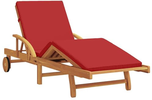 vidaXL Moderne Klappbare Sonnenliege aus natürlichem Teakholz mit rotem gepolstertem Rücken, verstellbaren Positionen und faltbarem Design für entspannende Außenmöbel für eine Person