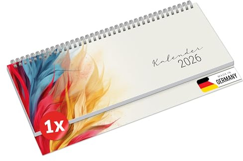 PRIMUS PRINT Tischkalender 2026 Quer Wochenkalender – 64 Seiten Terminkalender und Jahreskalender – 297x130mm – 75g Naturpapier, Drahtkammbindung, Feiertage und Schulferien - [Einzeln - Bunt]