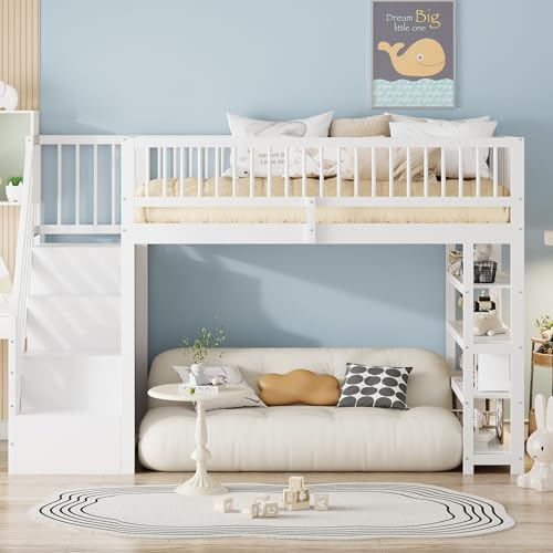 Arhatreya Hochbett 90x200 cm, Kinderbett mit Schreibtisch und Kleiderschrank, Hochbett mit Regalen und Sicherheitskletterleiter, Bett mit Stauraum für Kinder Schlafzimmer (Ohne Matratze) Weiß