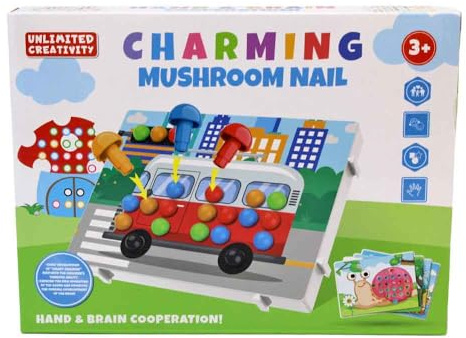 BEMIRO Steckspiel mit Pilz-Stöpseln, 35-teilig, Lernspielzeug für Kinder ab 3 Jahren, Motorik-Förderung mit Farbverläufen