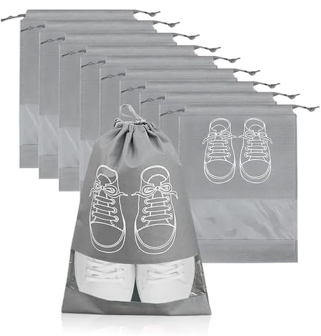 XHYASD 10 Schuhbeutel Reise, Kordelzug, Sichtfenster, Vliesstoff, Grau | 45x36 cm, mit transparentem PVC-Fenster, staubdicht, waschbar, wiederverwendbar, für Koffer, Schrank, Sport, Aufbewahrung