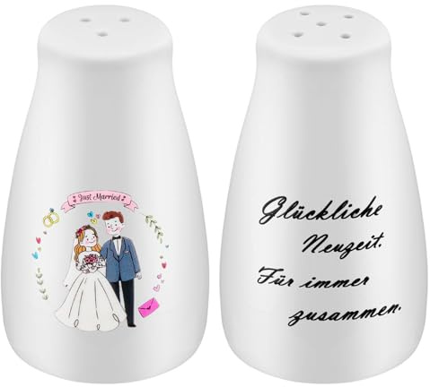 Salz und Pfefferstreuer Lustig Set, Salzstreuer Klein Set mit Thematischen Aufkleber, Salz Pfefferstreuer aus Porzellan, Süße Hochzeitsgeschenk für Braut und Bräutigam, Einzugsgeschenke Wohnung