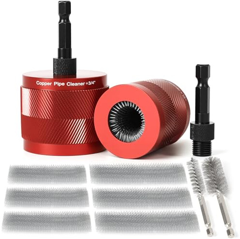 Bourske 15mm & 22mm Copper Pipe Cleaner Set for Drill with 1/4 Hex Shank & 6 Brush Blades & 2 Pipe Cleaning Brush, Plumbing Tools for Removing Rust, Stains & Paint(1/2 & 3/4 )