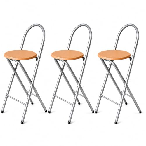 KMH® Barhocker Bill 3er-Set klappbar mit Lehne & Fußstütze – Silber/Buche | 73 cm Sitzhöhe, fertig montiert, platzsparend klappbar mit Stahlgestell & MDF-Sitz im Buchendekor – für Küche, Bar & Events