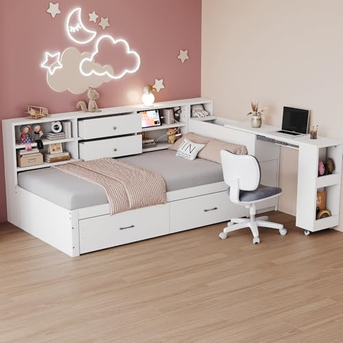 Bladez Holzschlafsofa 90×200 cm – Multifunktionsbett mit viel Stauraum, 2 großen Schubladen, ausziehbarem Schreibtisch, USB & Steckdose, Einzelbett Jugendbett Holzbett, Weiß,ohne Matratze