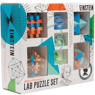 Professor Puzzle Einstein Puzzle Lab Set | 7 Metal & Wooden Brainteasers Inspired by Einstein | Logic Challenge Set for Teens & Adults | Mind-Bending Puzzles with Solutions | STEM Gift For Ages 13+