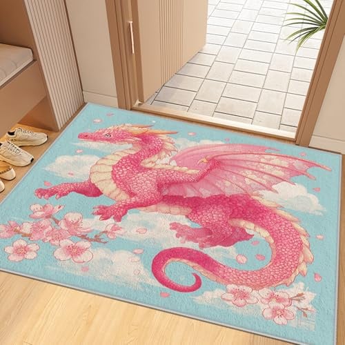 Dyjuaa Drachen Teppich Fußmatte 60x90cm, Fantasy Tier waschbare teppiche, Kirschblüten Teppich Antirutsch Kurzflor für Schlafzimmer Eingang Haustür Küche Flur
