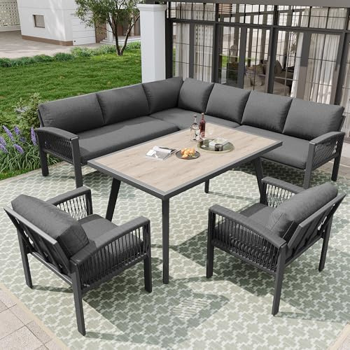 BTM Salon de Jardin pour 8 Personnes, Mobilier en Corde Tressée, Grande Table Effet Bois, avec Structure en Fer Galvanisé, Pieds Réglables, Tous Les Coussins d'Assise et de Dossier Inclus, Gris