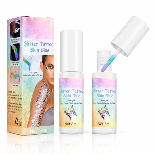 2 Pack Glitter Glue for Face & Body - 8ml Brush-On Body Glitter Glue for Hair, Acrylic Nails & Fabric Decor, DIY Festival Makeup Gel for Party Looks, Gifts and Creative Art