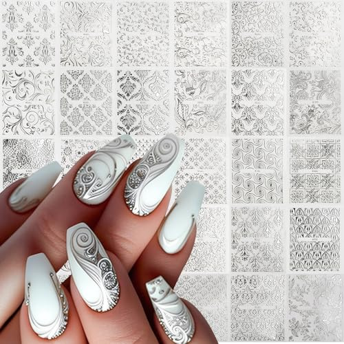 YJHAT 3D Silver Lace Nail Stickers, 30 Sheets | Self-Adhesive, Metallic Embossed Decals, Chrome DIY Nail Art, For Acrylic Nails, Wedding Party French Manicure Decor