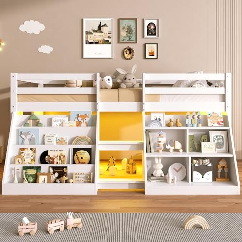 3ft Single Wooden Cabin Bed Frame with Bookcase & Shelves & LED Lighting, Wooden Storage Bed with Under-bed Play Space & Safety Guardrail & Stairs, Children's Mid-Sleeper Loft Bed for Kids Teens,White