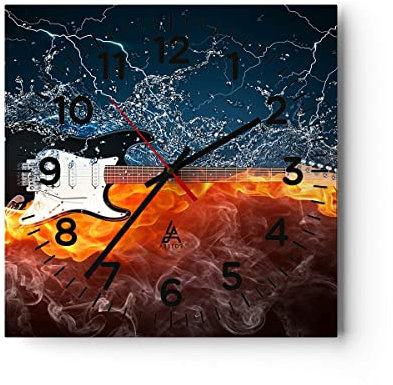 Modern Wanduhr Gitarre Instrument Musik 30x30cm Quadrat Klein Wand Uhr Glas Analog Zimmeruhren Küche Büro Wohnzimmer Glasuhr Wall Clock Dekoration Design Wanddekoration Küchenuhr C4AC30x30-0215