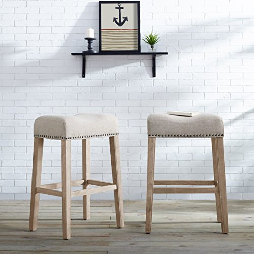 Roundhill Furniture Coco Upholstered Backless Saddle Seat Bar Stools 29 Height, Set of 2, Tan
